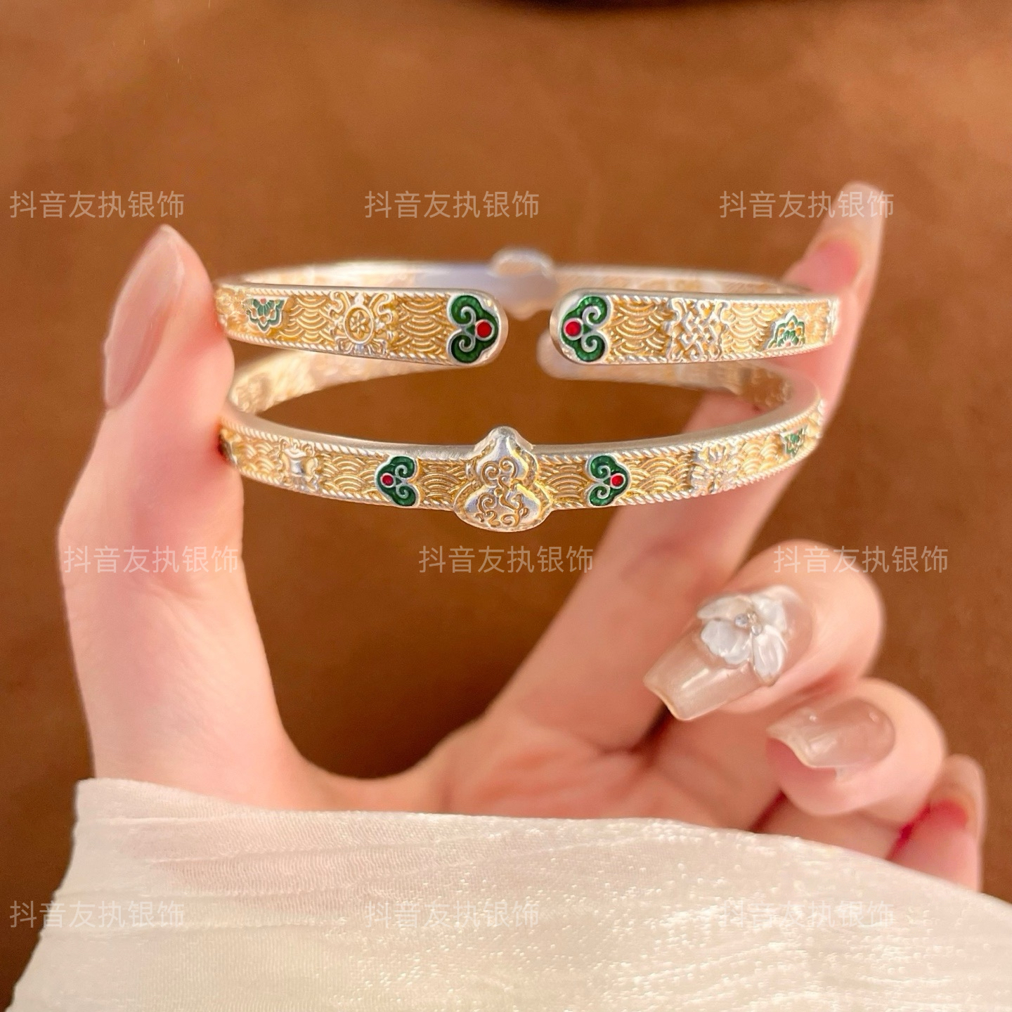 友执 足银手镯 足银999.9描金珐琅【八宝葫芦】可调节开口镯银饰
