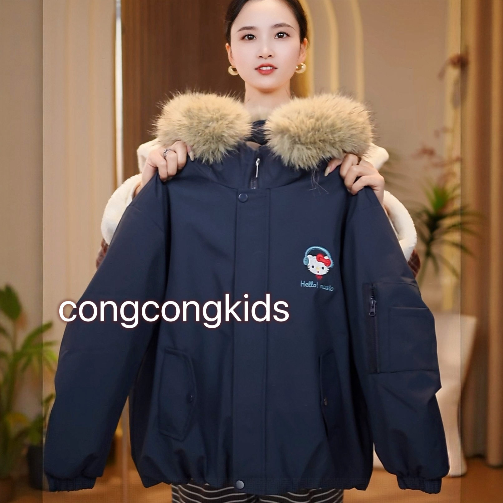 女童兔毛棉服2025冬季新款儿童时尚保暖外套加绒加厚亲子派克服