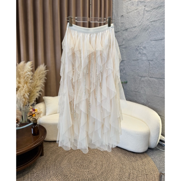 JOJO MUSE【月光小调】新款不规则设计钉珠流苏条纱裙