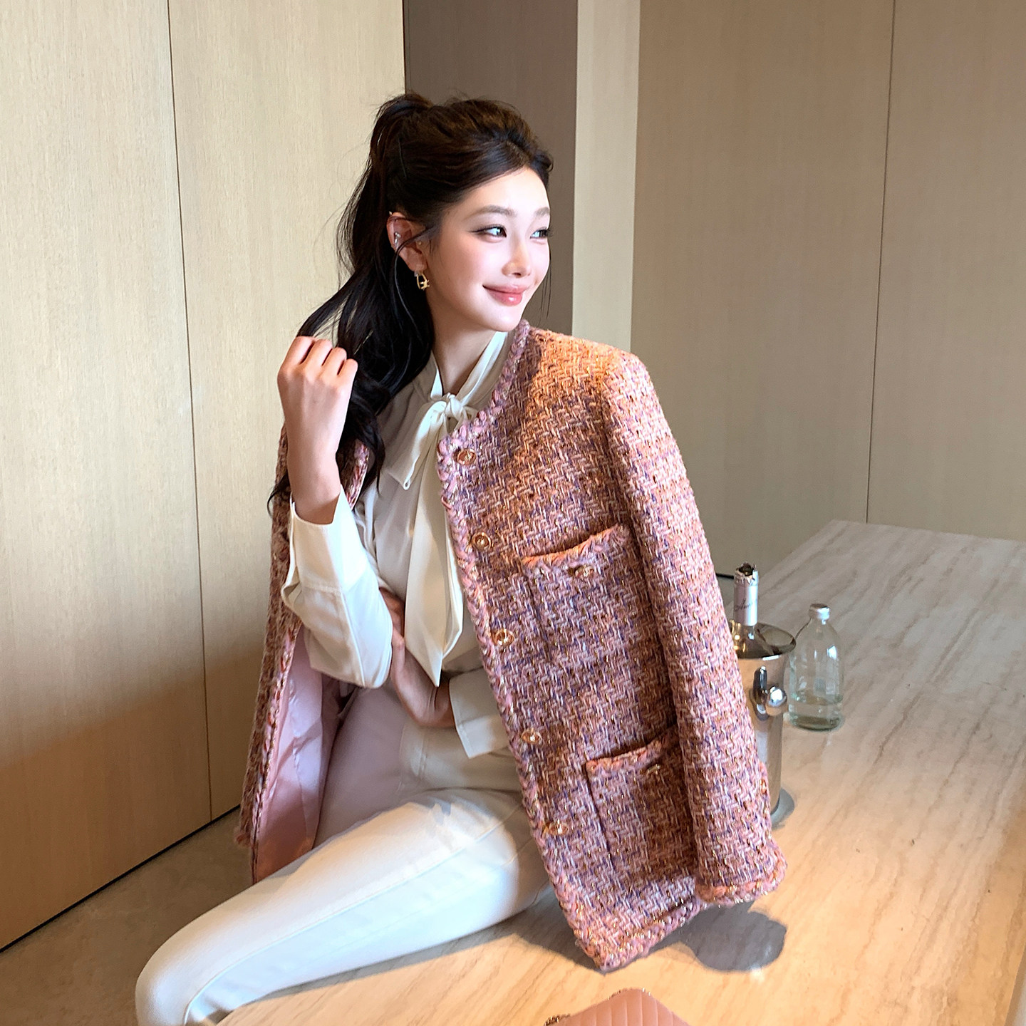 “y樱粉小香”金丝羊毛粗花呢+90白鸭绒 气质通勤小香羽绒外套