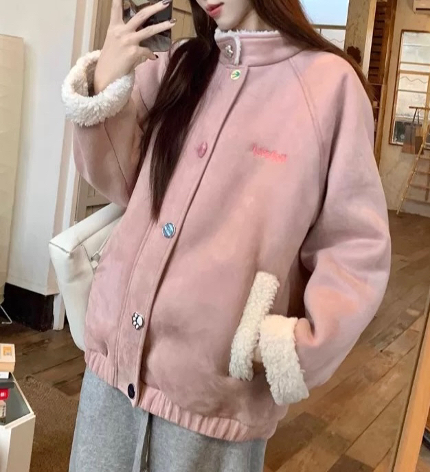 甜美少女仿羊羔毛立领加厚外套女秋冬2024新款皮毛一体休闲外套潮