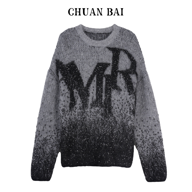 【川白】  新款马海毛圆领渐变色字母刺绣女毛衣针织套头衫-80139-1