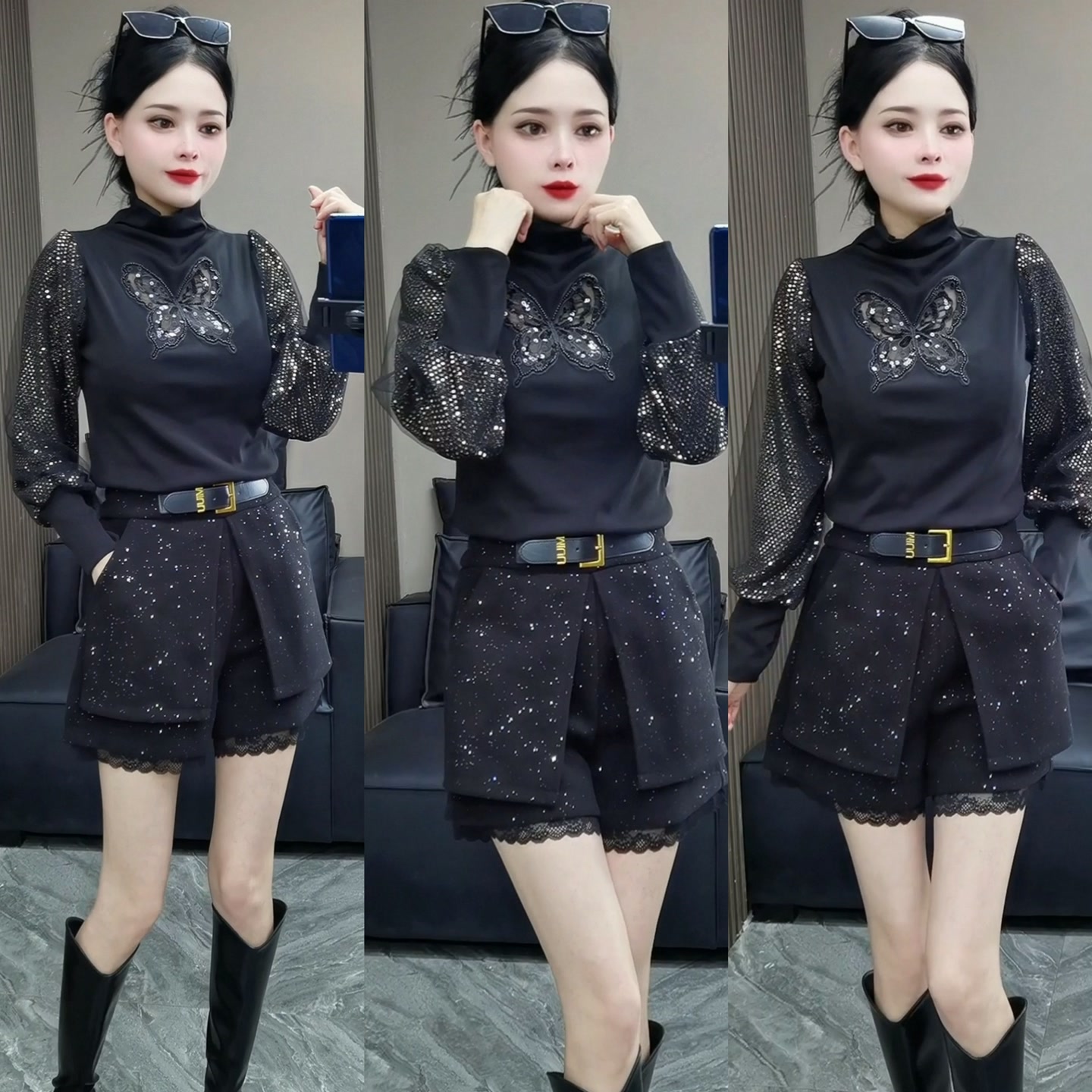 795#P2025秋冬新款时尚修身百搭设计感蝴蝶网纱亮片长袖打底上衣