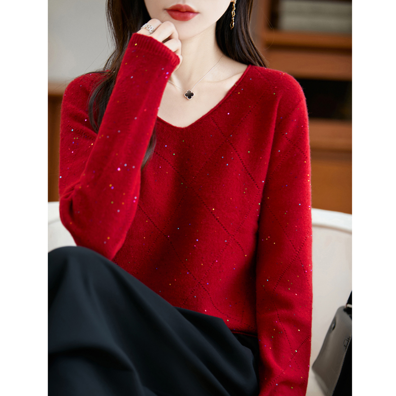V领加厚羊毛衫女套头针织打底衫韩版长袖毛衣一线成衣百搭秋冬