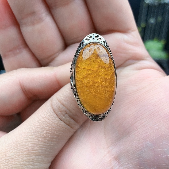 琥珀裸石银S925镶嵌戒指