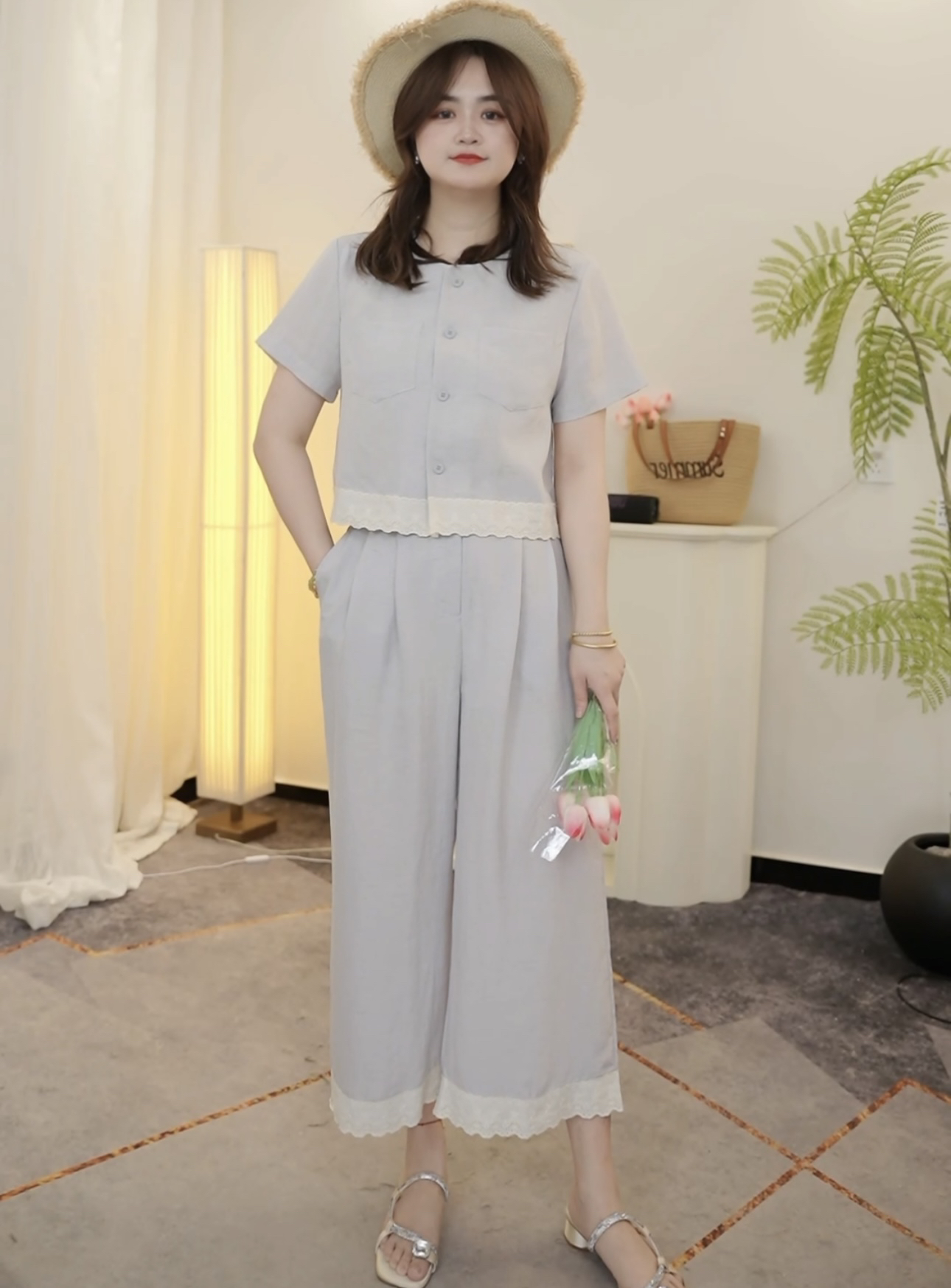优雅短袖双口袋小衫与蕾丝拼接阔腿裤夏季休闲套装