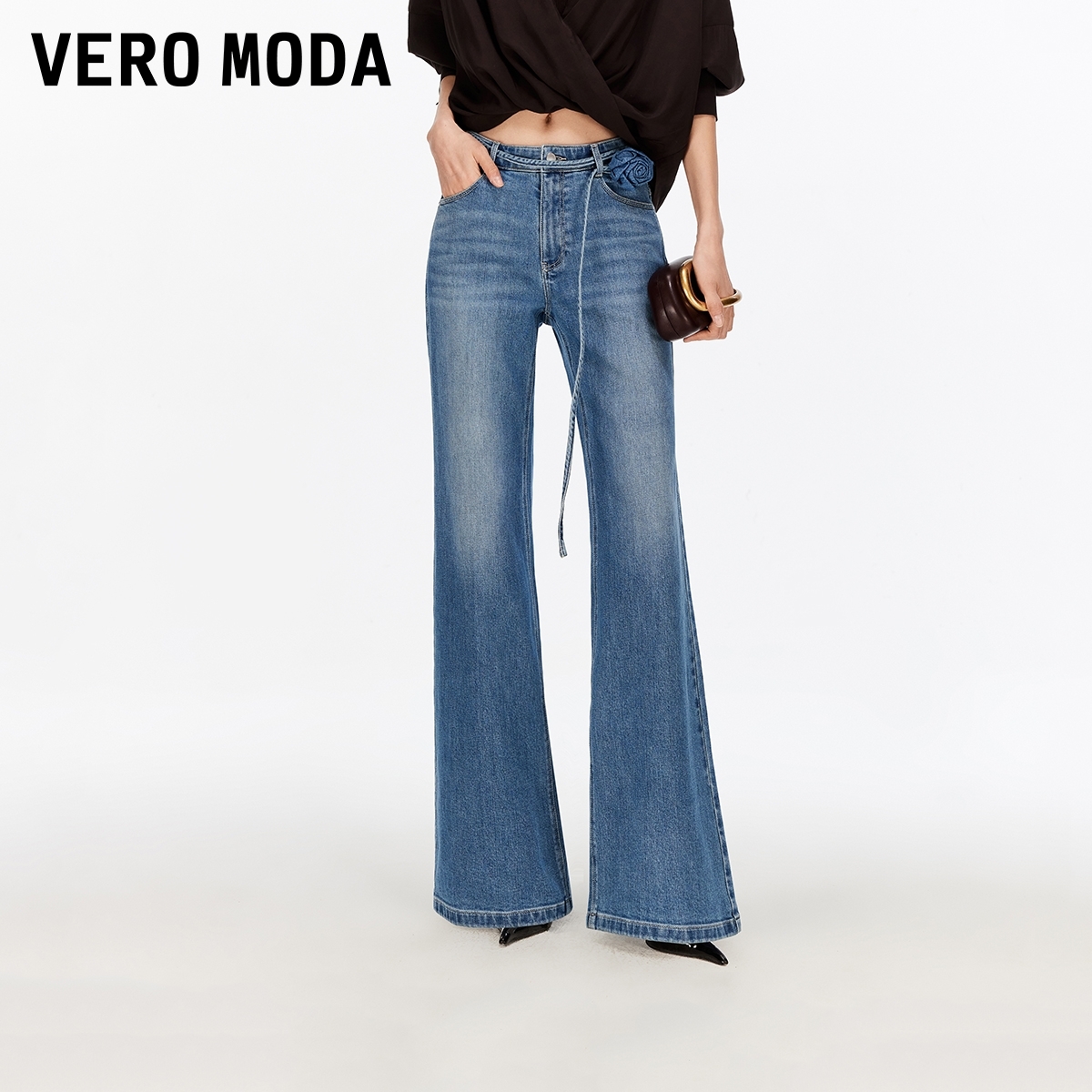 Vero Moda牛仔裤【摇曳玫瑰】含棉玫瑰花腰带通勤微喇裤326132047