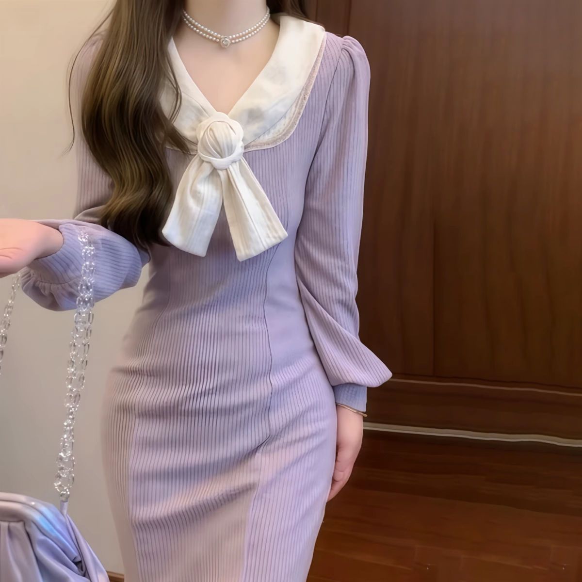 2025鱼尾新款法式温柔甜美蝴蝶结针织修身长袖气质连衣裙长裙