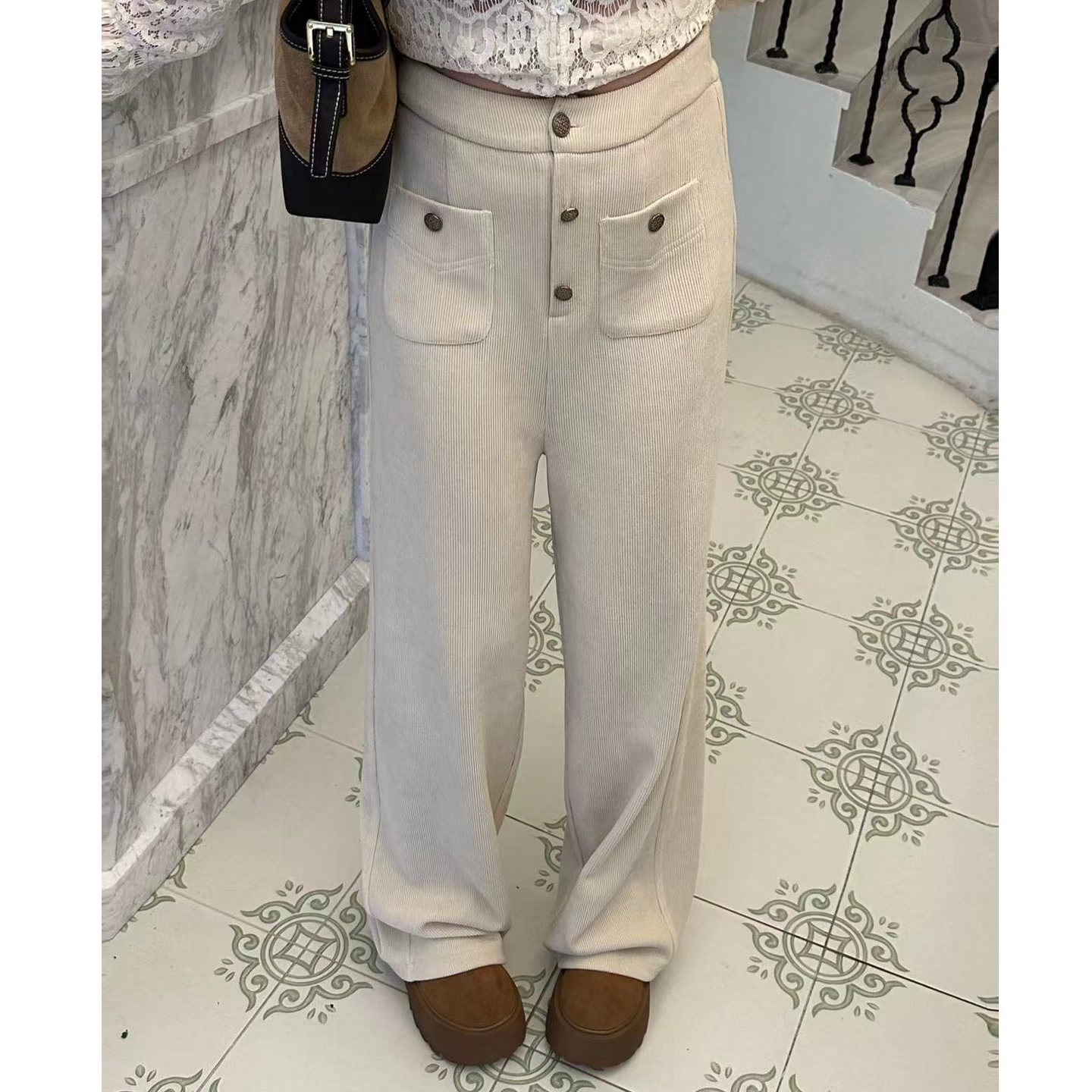 琪琪怪怪大码女装【奶芙裤】秋冬新款高腰慵懒风休闲裤P45064QL