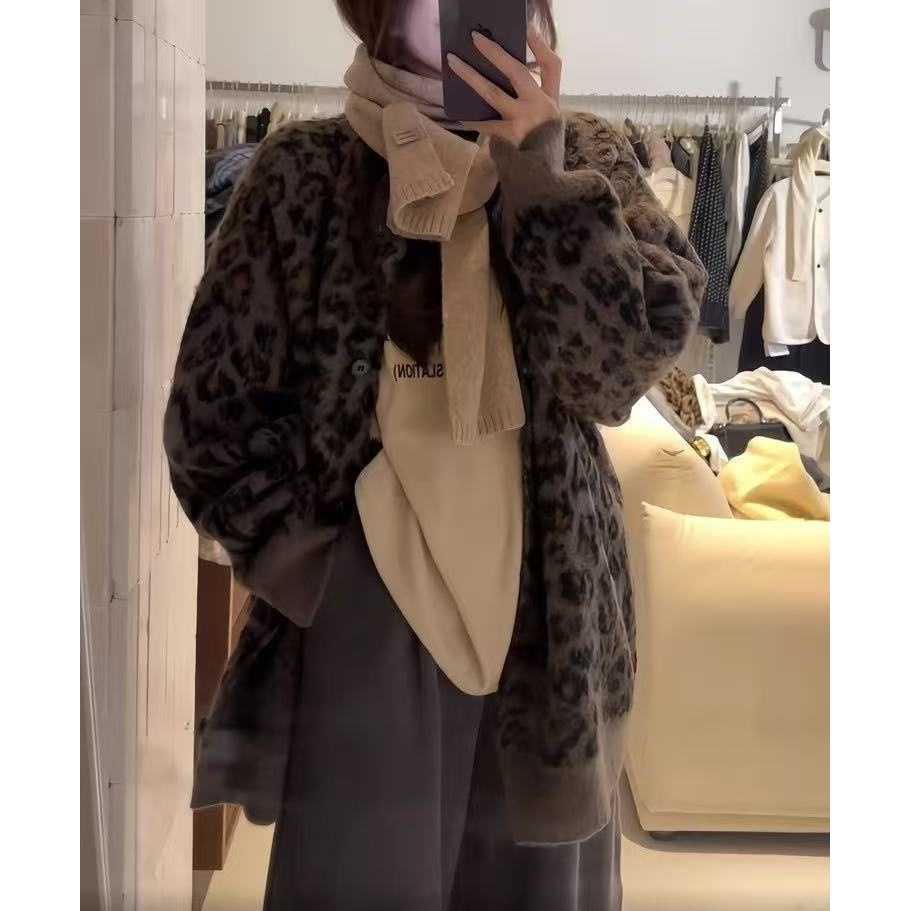 复古豹纹保暖毛衣外套女秋冬慵懒风宽松中长款小众针织开衫