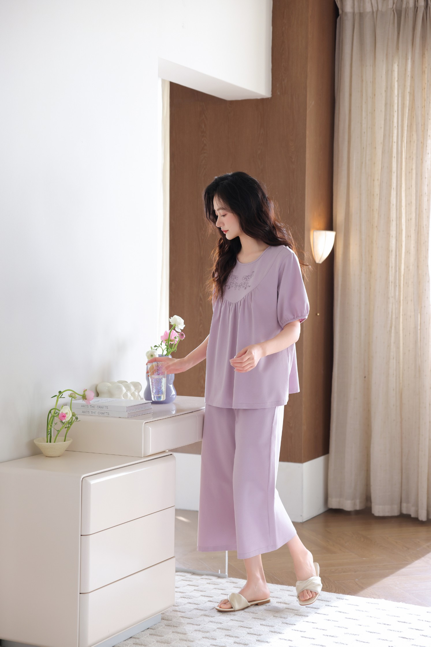 奢丝物语6851女士夏季短袖七分裤宽松舒适睡衣套装家居服