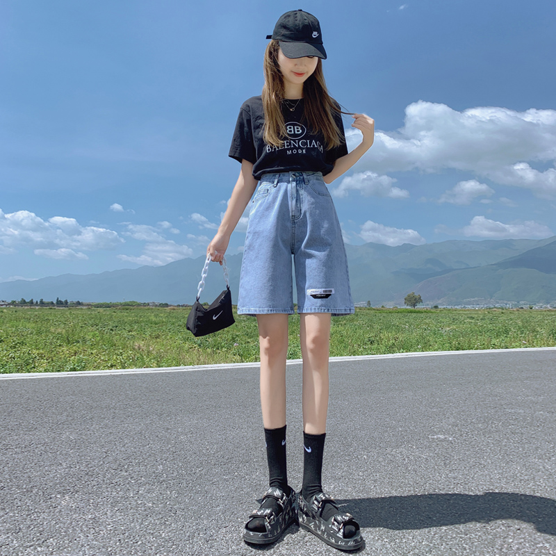 潮流百搭浅蓝色五分牛仔裤女2025夏季薄款高腰宽松显瘦直筒中裤女