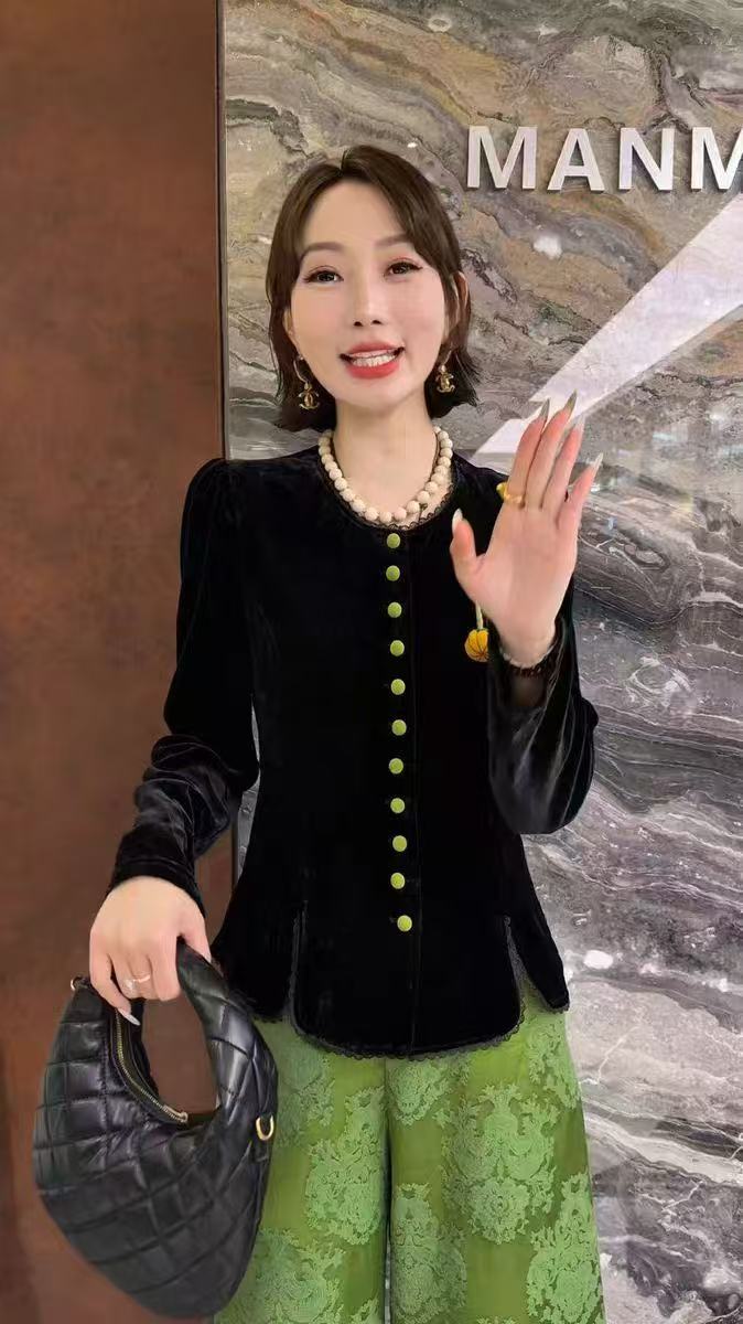 长袖打底衫圆领南瓜中式女装新中式单排扣蕾丝秋季金丝绒上衣