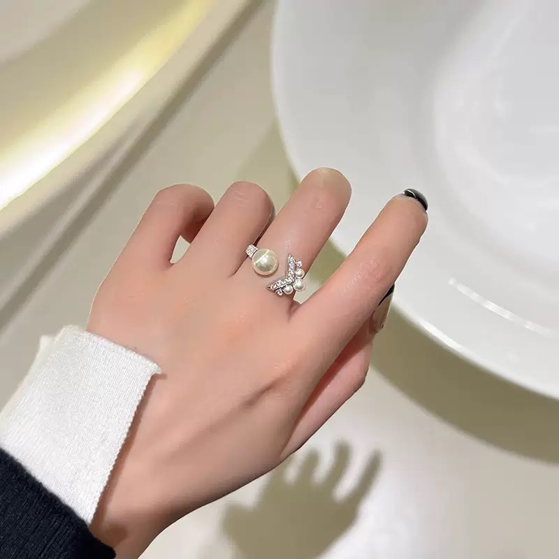 925银仿珍珠戒指 925银锆石高级感小众设计轻奢时尚百搭女戒