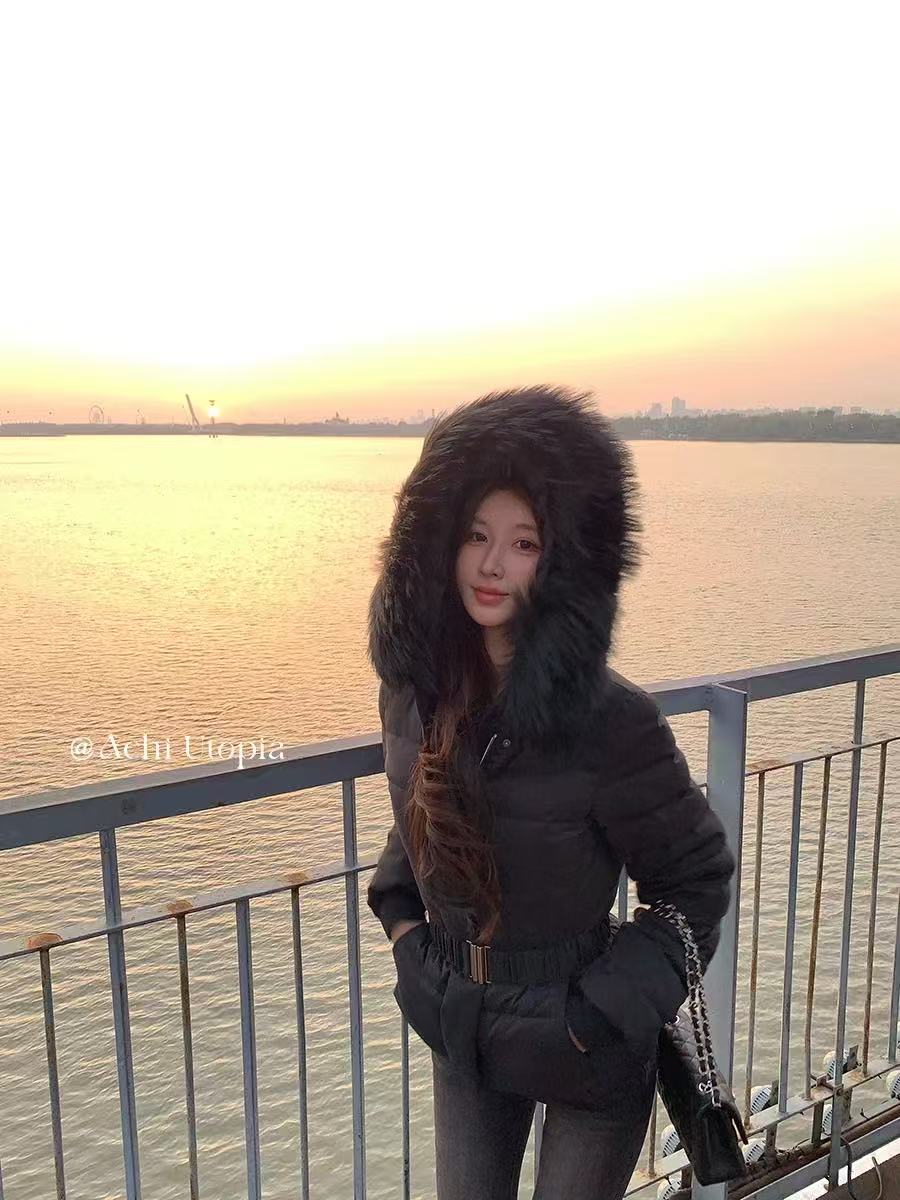 易梦玲同款黑色大毛领棉服女款冬加厚保暖收腰显瘦腰带滑雪服外套