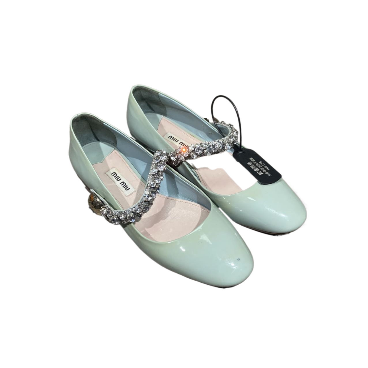 95新 MIU MIU/缪缪 35.5码 豆沙绿亮钻玛丽珍鞋  re9185