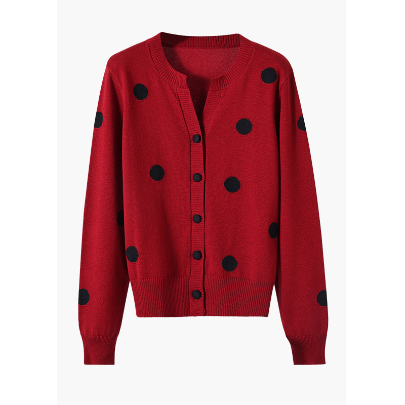复古红色波点圆领长袖针织开衫女秋冬新款过年穿搭上衣H 1653