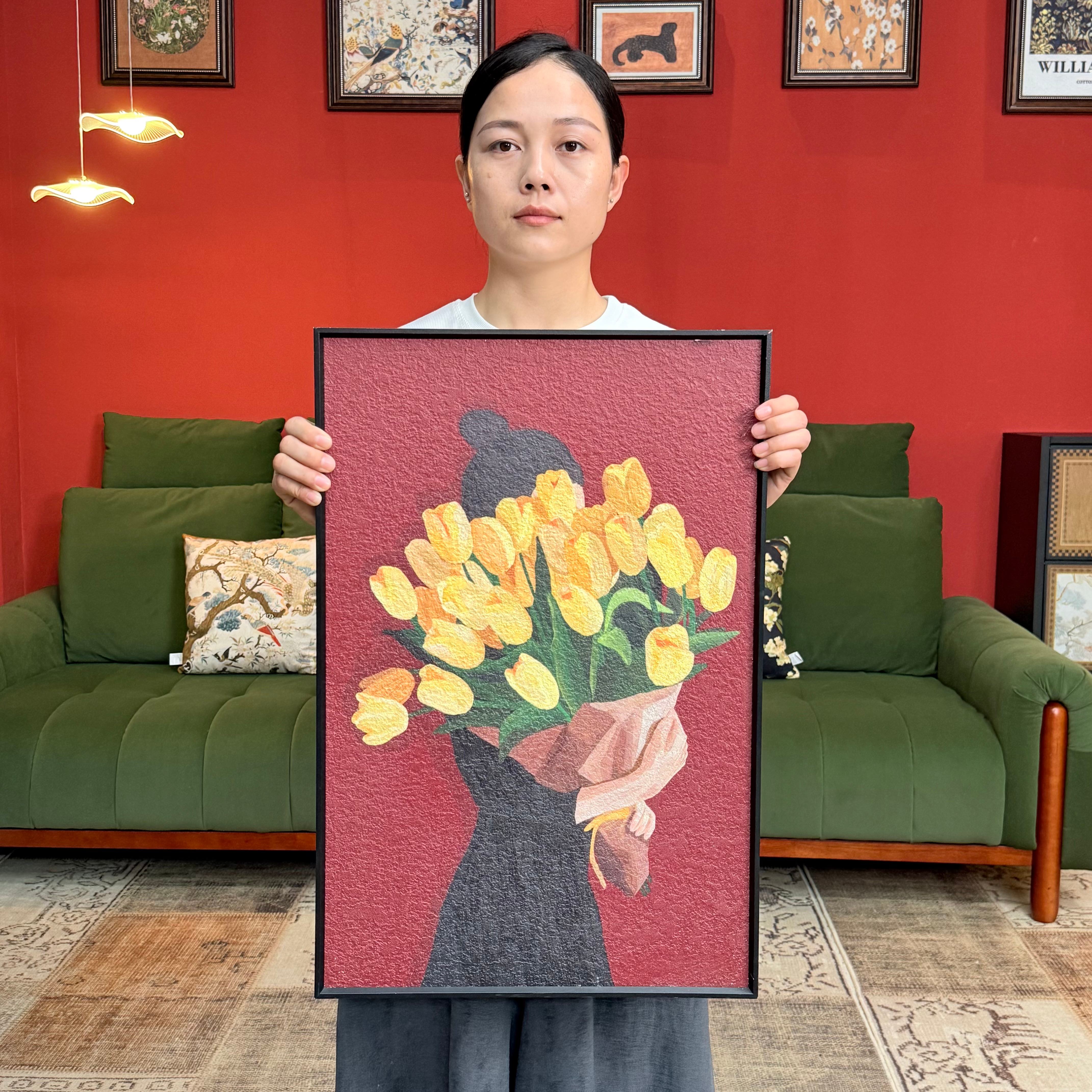 抱郁金香的女孩小清新客厅C025挂壁装饰画4060