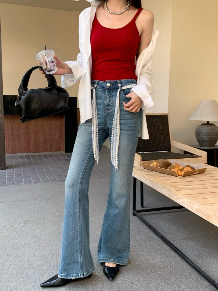 【济州岛】镂空蕾丝飘带搭配牛仔微喇裤