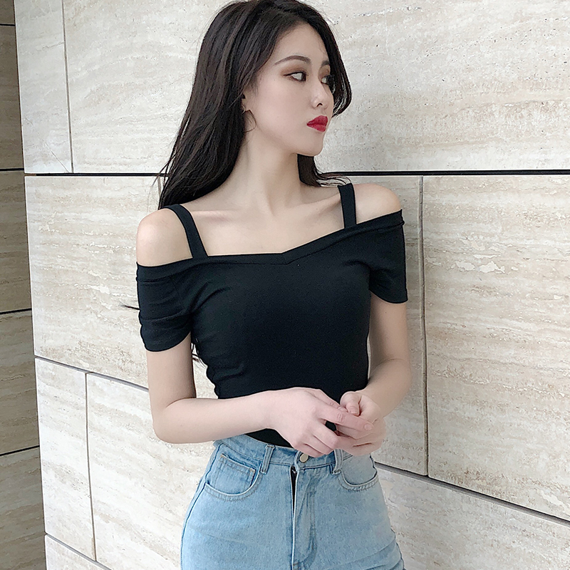 黑色双V领挂脖露肩锁骨短袖T恤女2025年新款设计感修身打底衫053