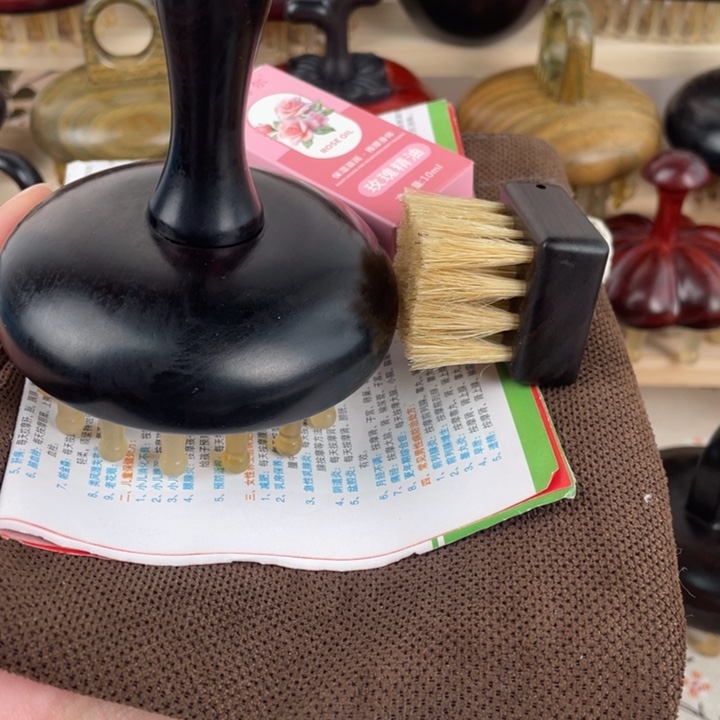 三***居紫光檀28羊角大印章带猪综毛刷油图布袋