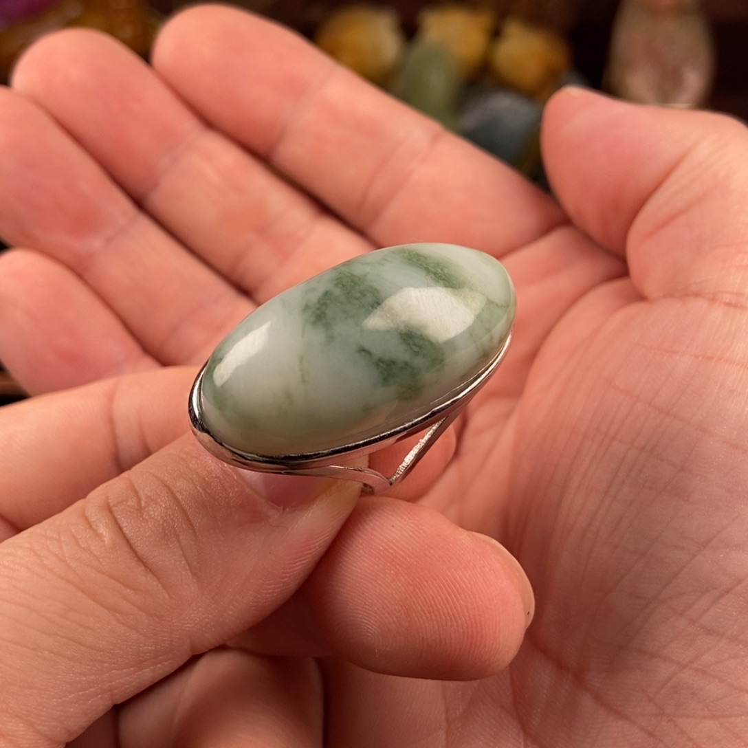 透闪石-蛇纹石玉戒指银S925镶嵌
