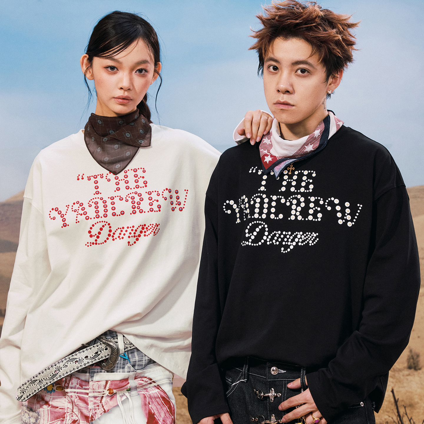 YADcrew YADcrew亚德鲁星星闪粉字母圆领男女长袖T恤时尚休闲宽松