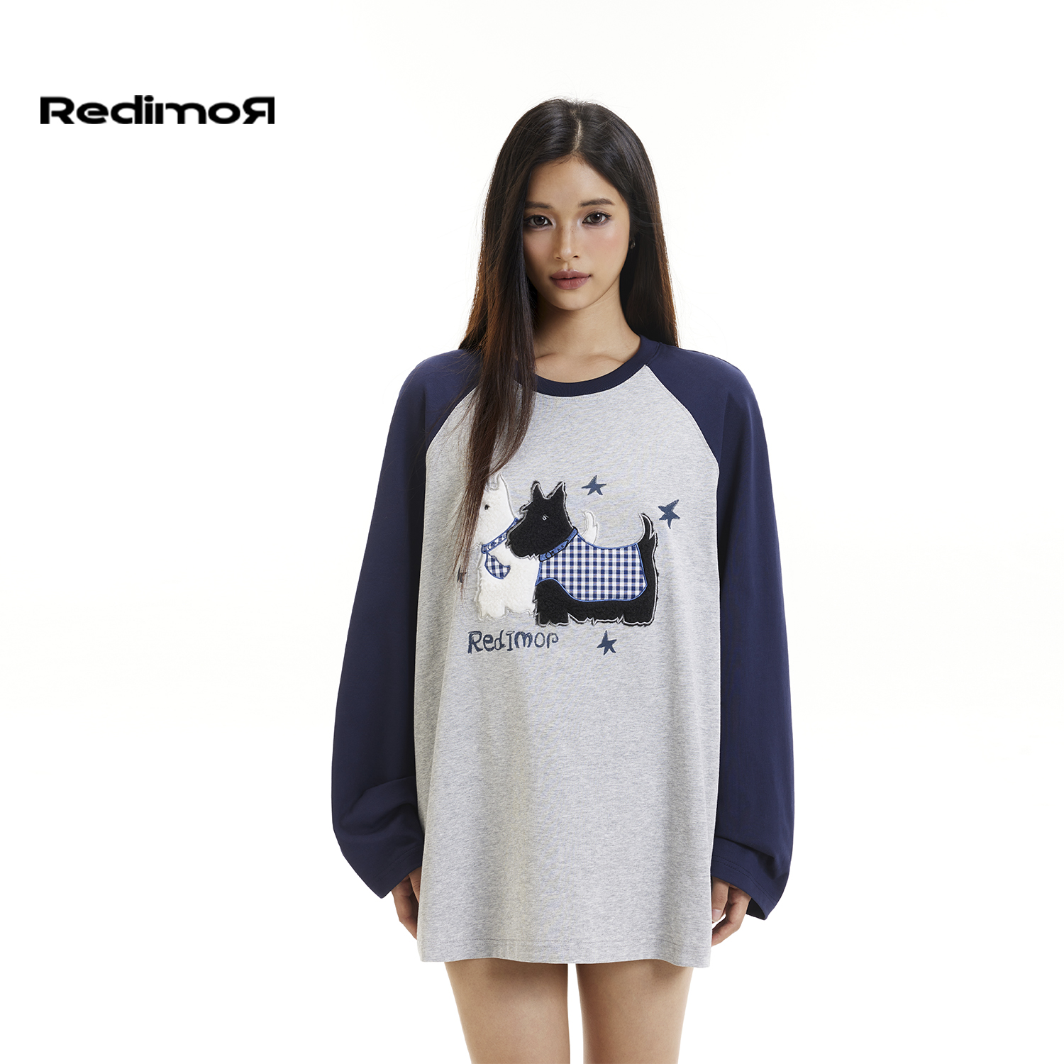 【REDIMOR】清仓 美式复古毛绒小狗插肩长袖T恤新款上衣253RZ1215