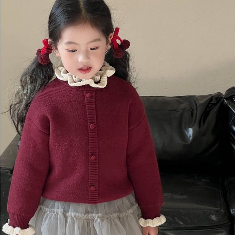 秋冬新款儿童一体绒针织衫毛衣加绒加厚女童木耳花边上衣女孩百搭