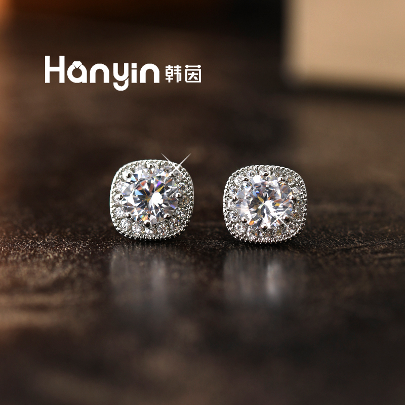 铜合金合成锆石耳饰 925银针韩版轻奢气质微镶爆闪小方糖百搭耳钉