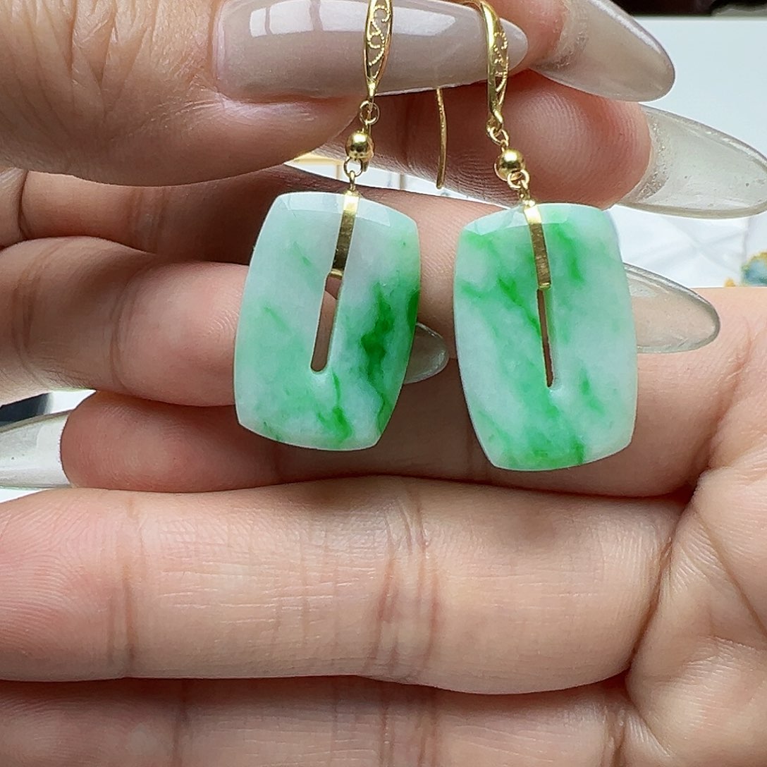 翡翠耳饰18K金镶嵌美****店天然缅甸A货翡翠