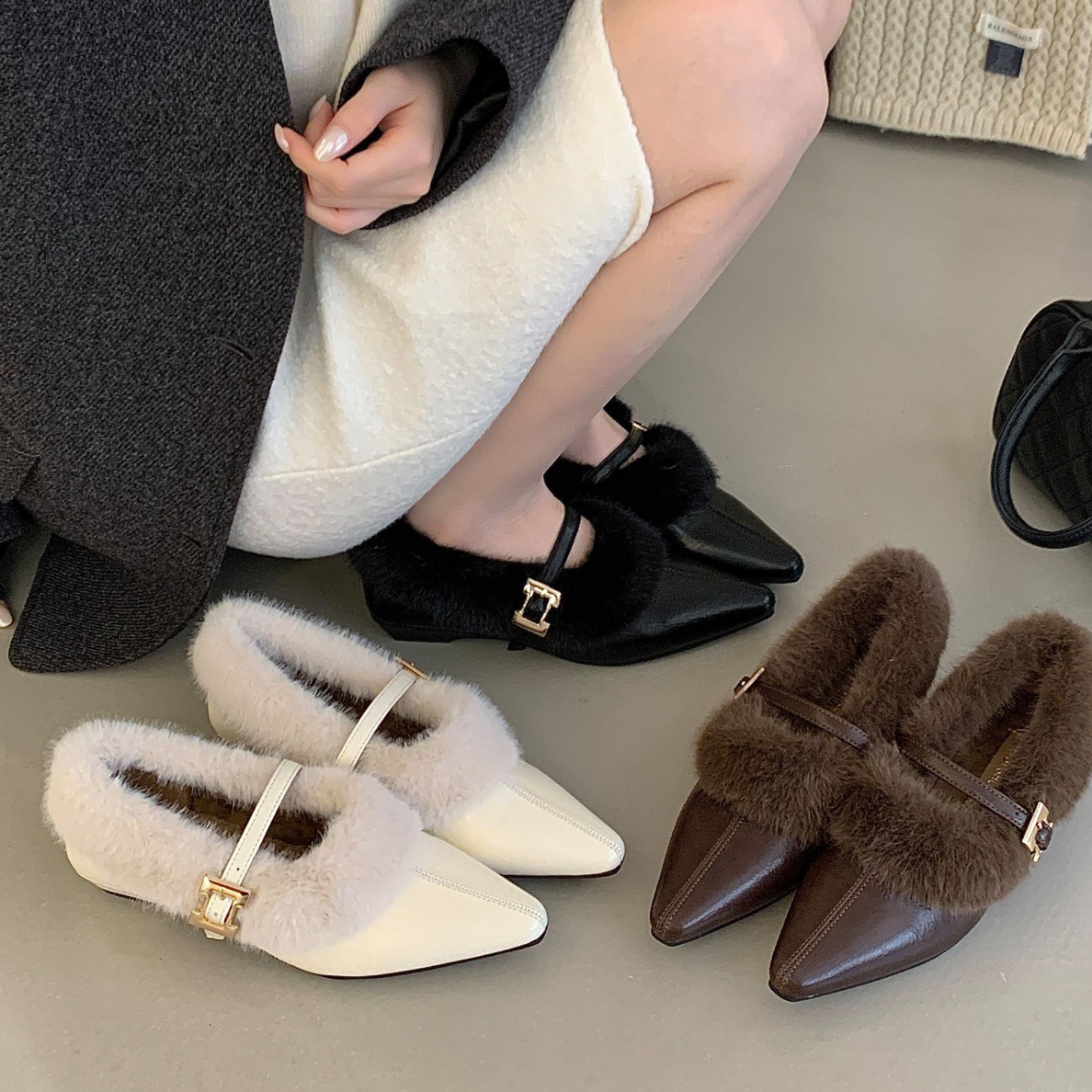 D9-8法式纯色单鞋加厚浅口秋冬季简约风尖头低跟