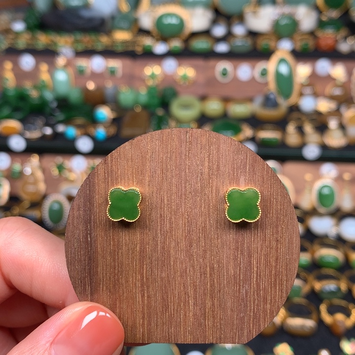 定制和田玉耳钉9K金镶嵌