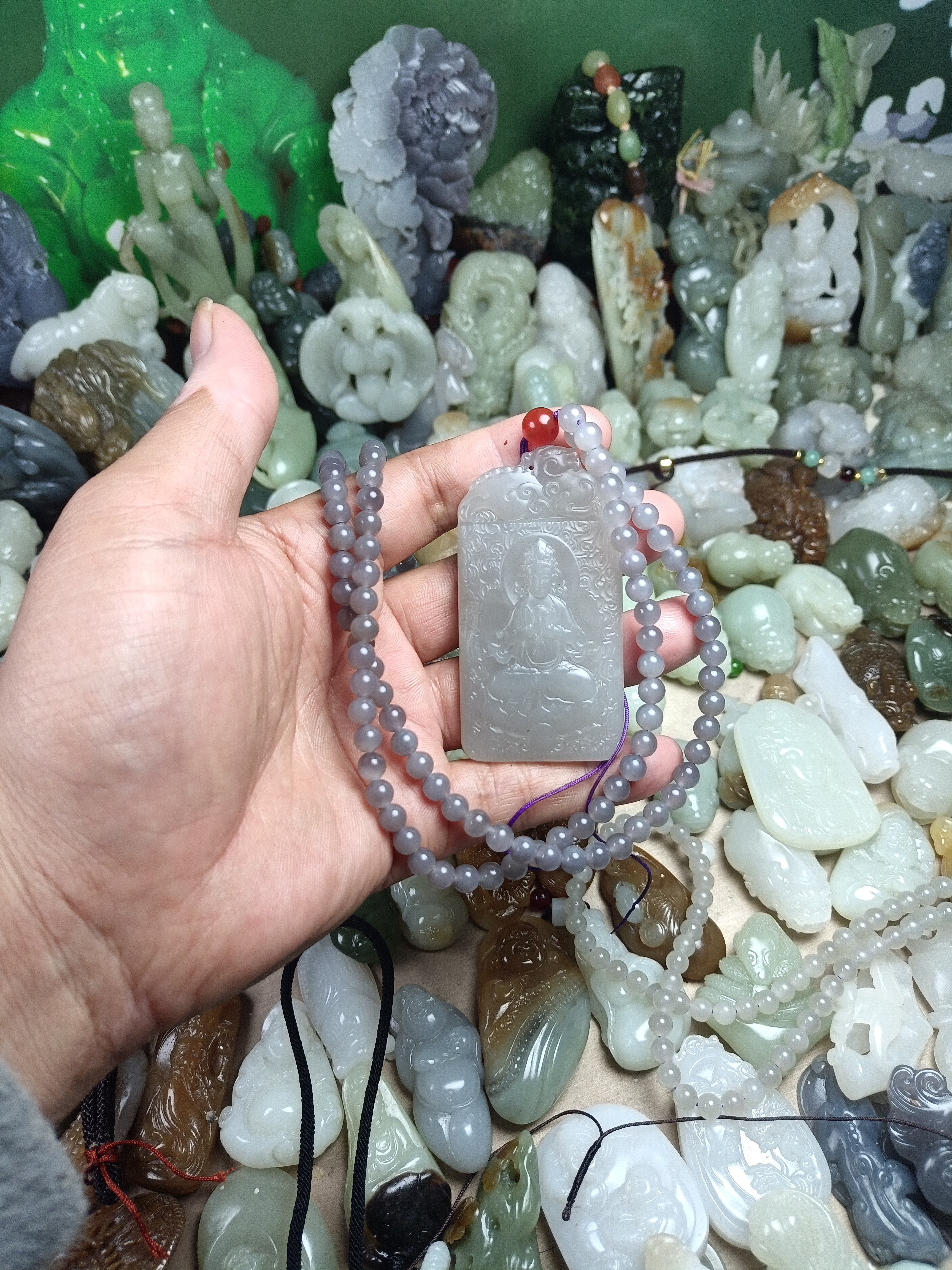 和田玉青海料冰烟紫观音菩萨立体雕刻双面设计男女款佩戴玉石