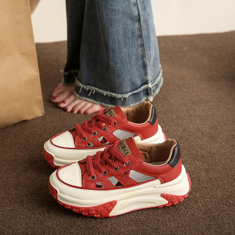 【5厘米跟，牛皮】春夏季新款透气休闲百搭鱼骨复古老爹鞋