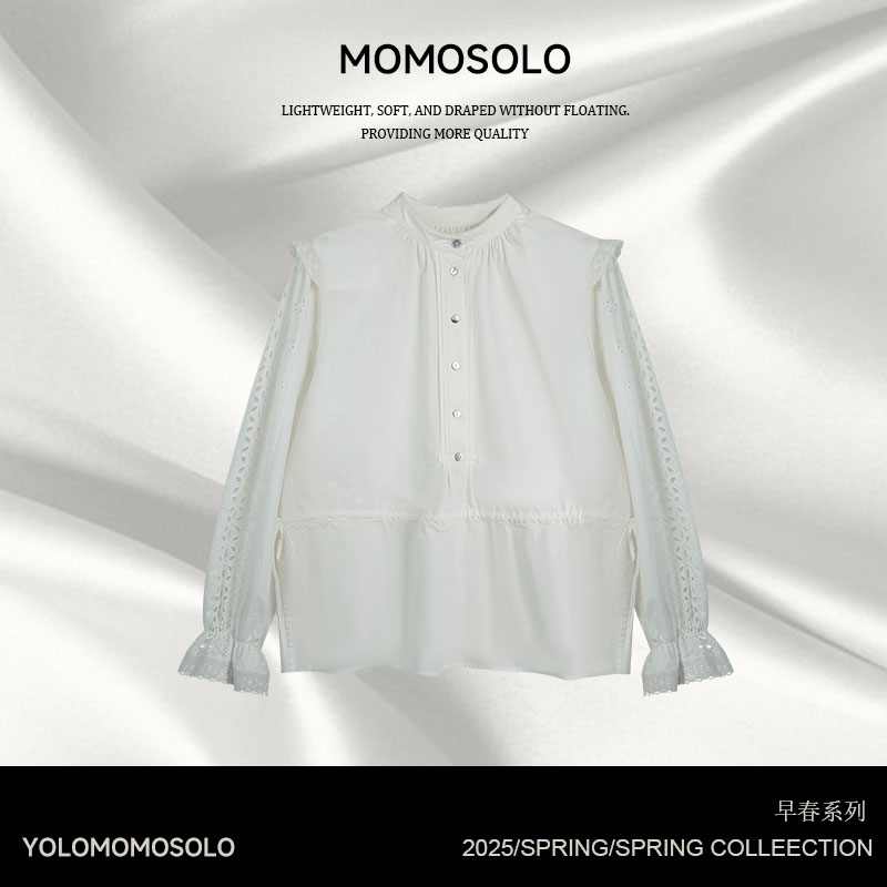 MOMOSOLO•留白•镂空刺绣蕾丝花边拼接小立领纯棉衬衫YM910