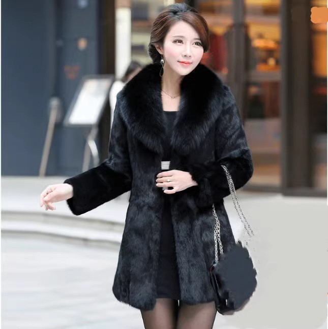 狐狸毛领大码女装海宁兔毛皮草外套中长款短款秋冬季妈妈皮毛一体