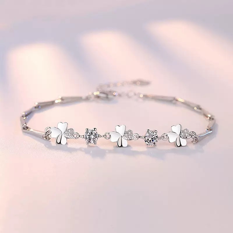 合金合成锆石手链 紫水晶四叶草情侣手链女士纯银S925简约时尚