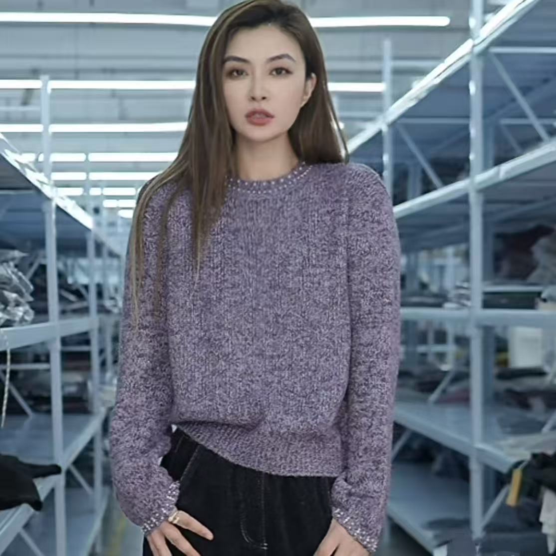 【思思精选】洋气彩色芝麻点纯色圆领钉珠减龄气质针织衫B010