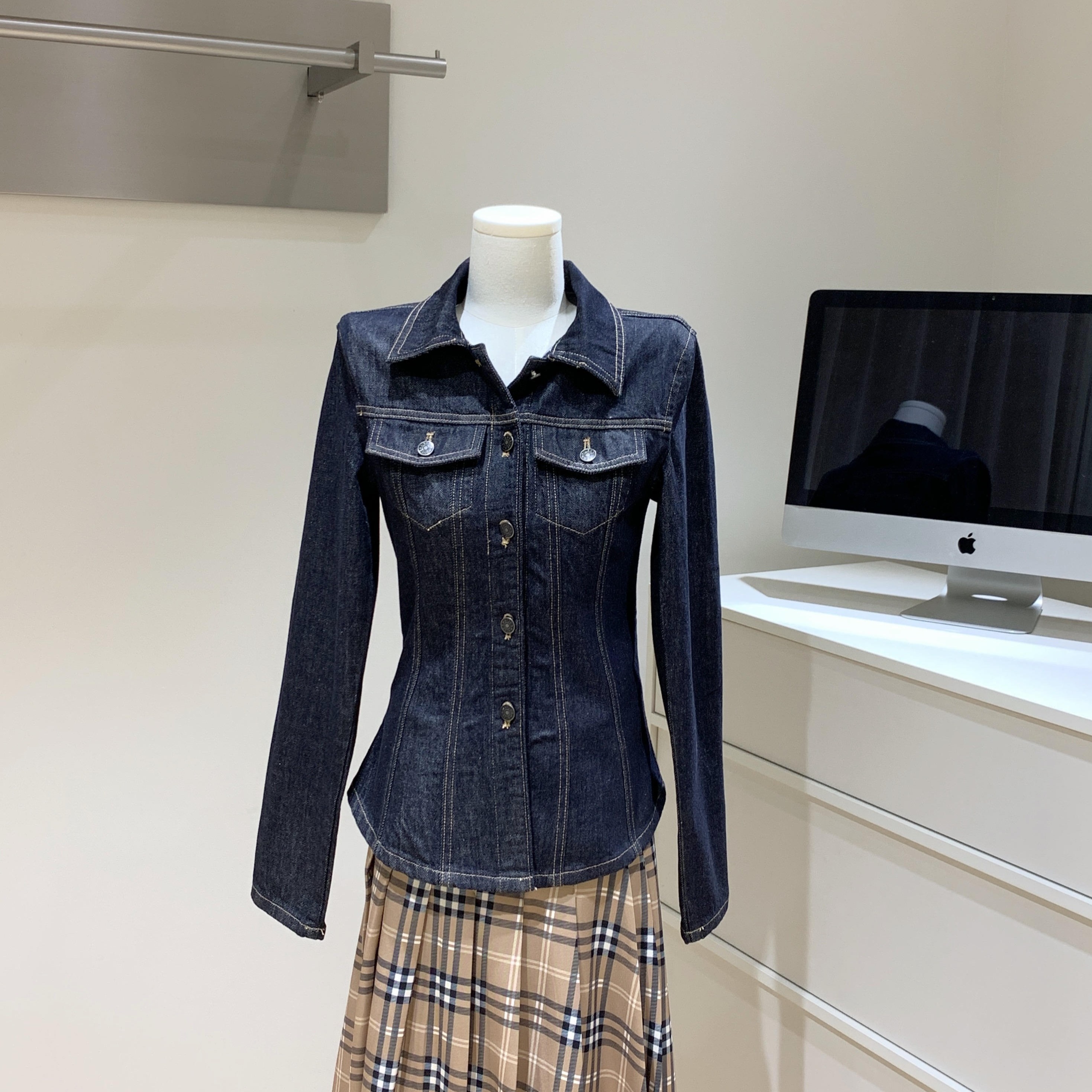Xzichic 时髦尖子生美式休闲藏青原色牛仔夹克外套/牛仔裤套装女