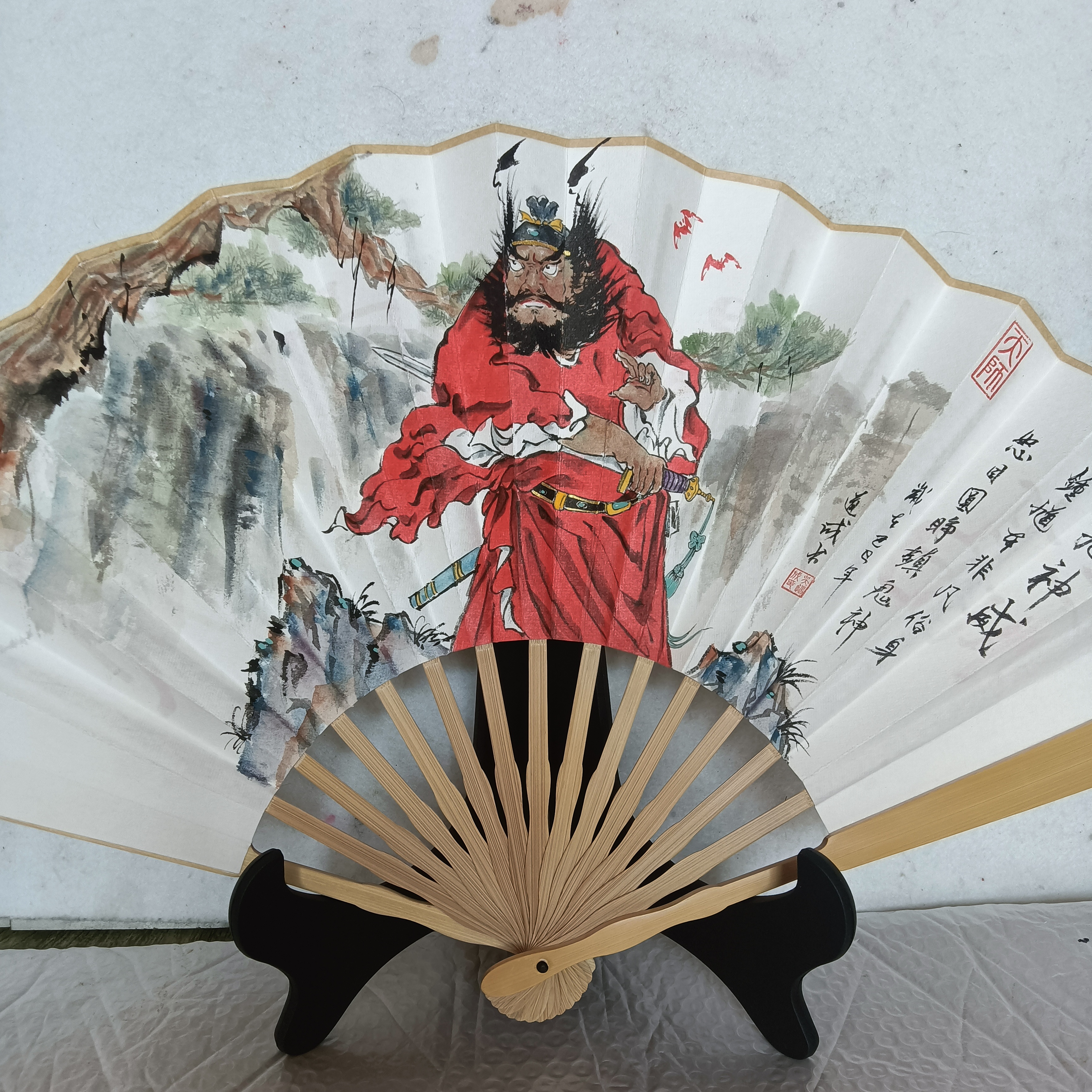 朱砂手绘钟馗神威折扇背面文题字天官赐福文玩折扇玉竹10寸折扇
