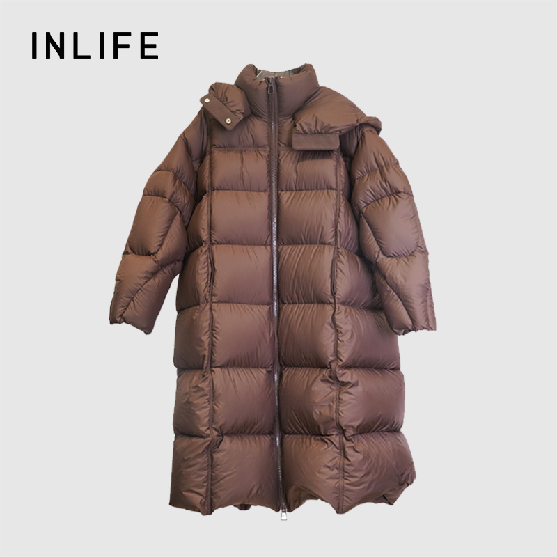inlife连帽长款女厚款鹅绒服过膝保暖中长款户外D411BY9030