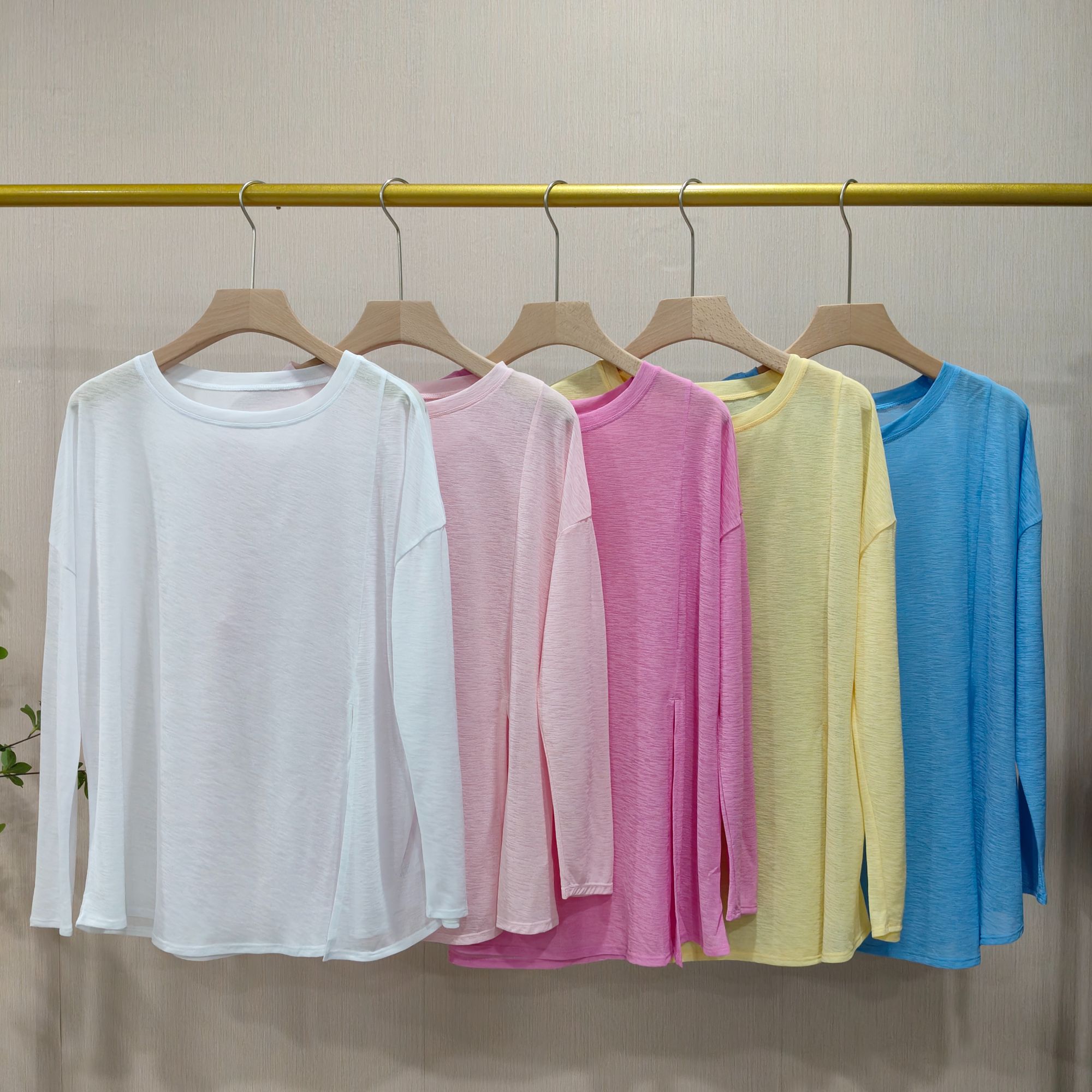 【Hua】42003简约舒适竹节纱宽松瑜伽罩衫侧开叉运动跑步圆领上衣