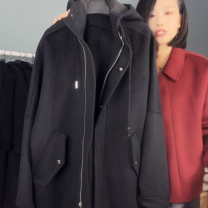 双面呢大衣帽子款S码中长款