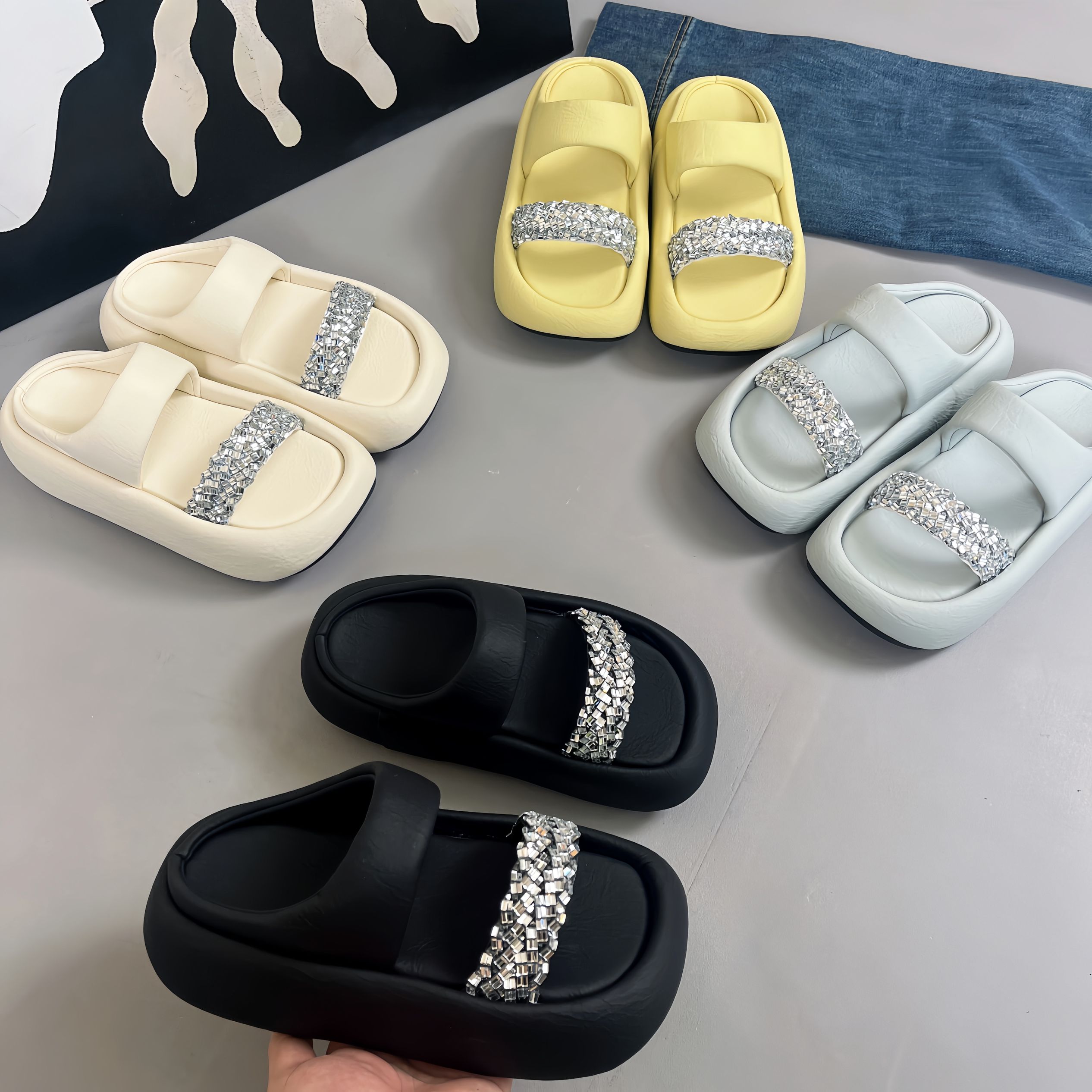 ins水钻夏季沙滩增高外穿女拖鞋休闲百搭厚底凉拖鞋D757