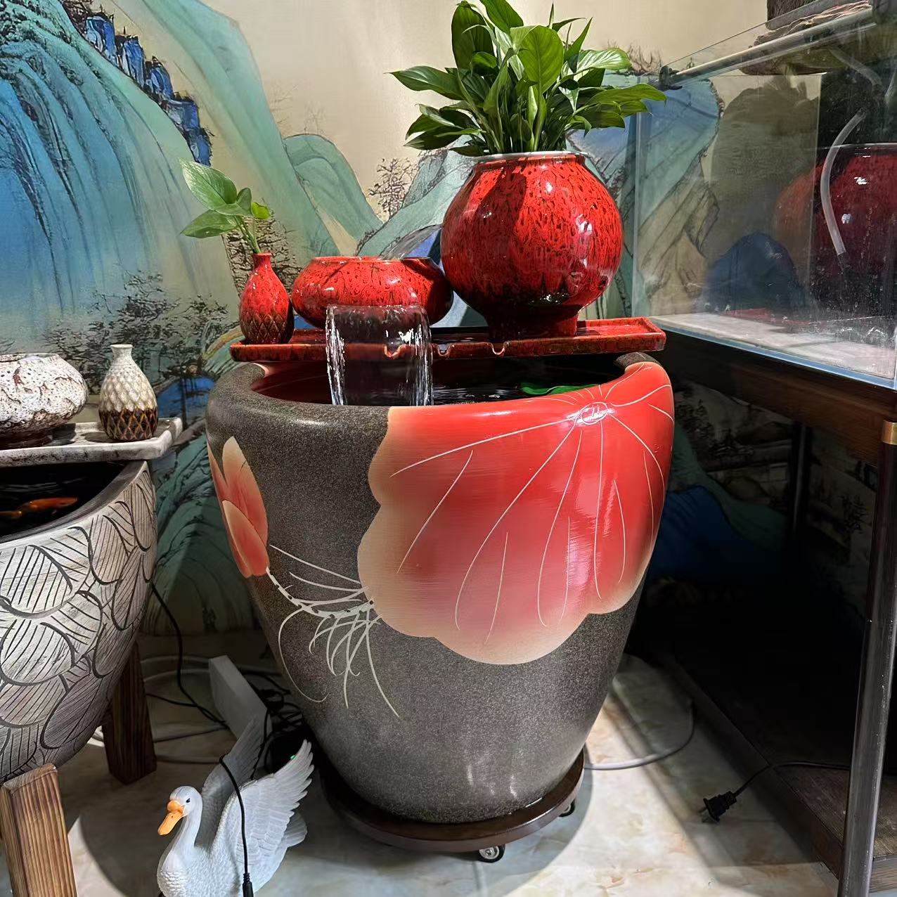 中国红瀑布流水生态鱼缸