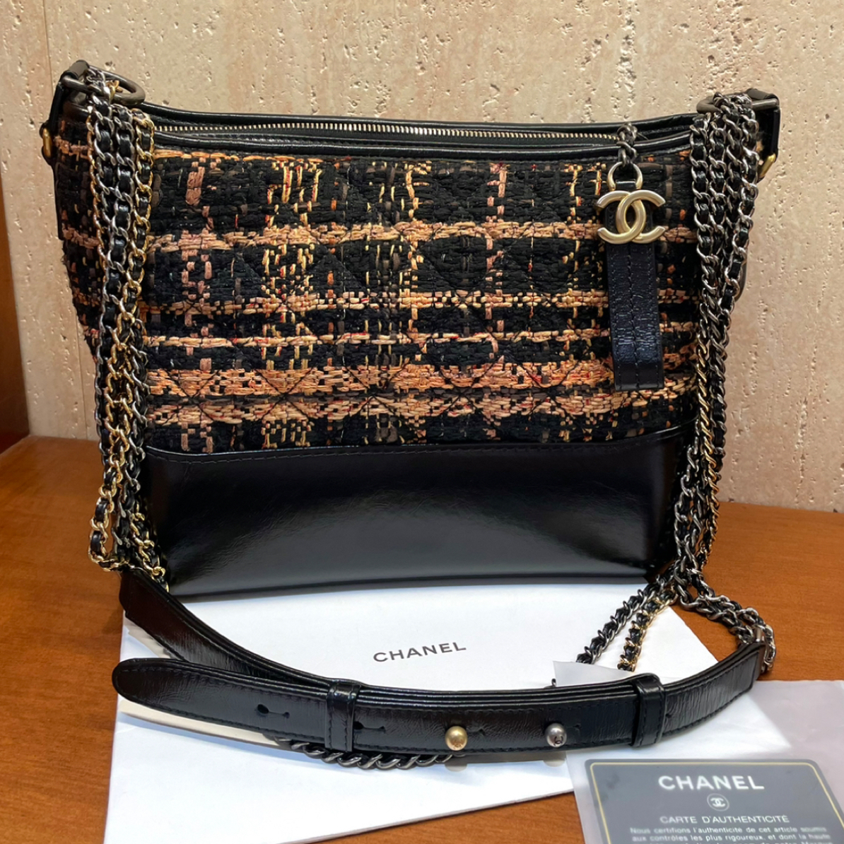 95新 Chanel/香奈儿 6346  Chanel毛呢流浪中号附件保卡链条包