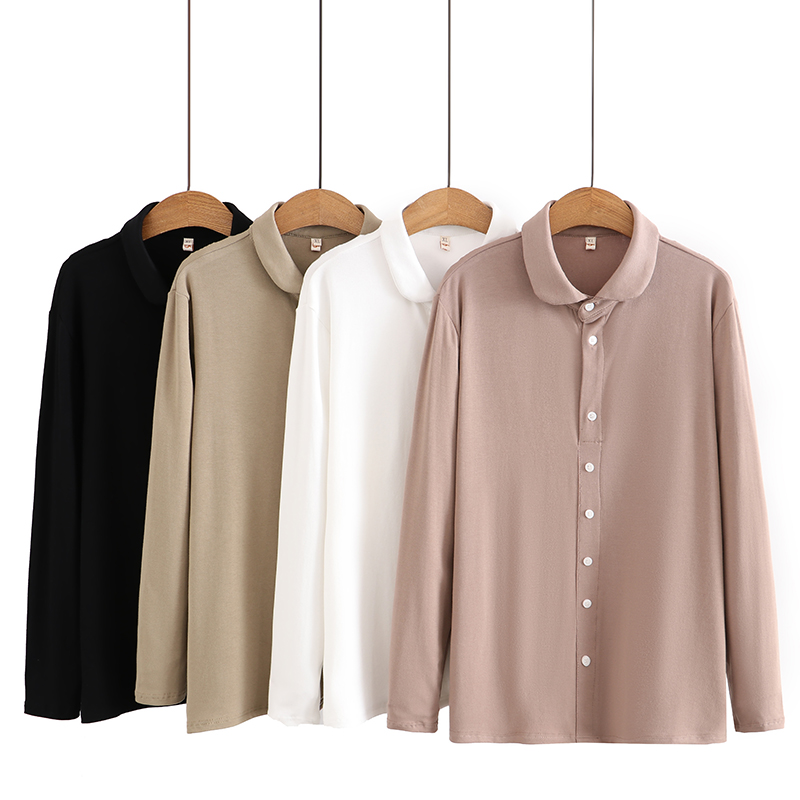 MZ140纯色休闲轻职风半开襟长袖衬衫大码女装翻领打底衫百搭上衣