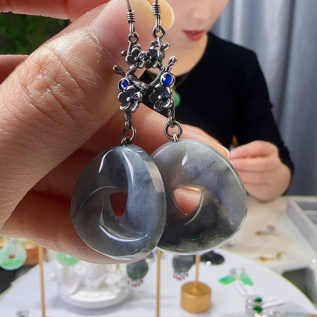 翡翠耳饰银S925镶嵌天然缅甸