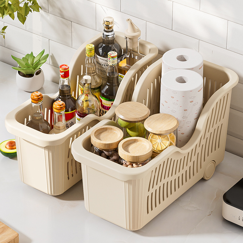 厨房收纳盒锅盖架置物架塑料锅具多功能橱柜整理筐储物架子带滑轮